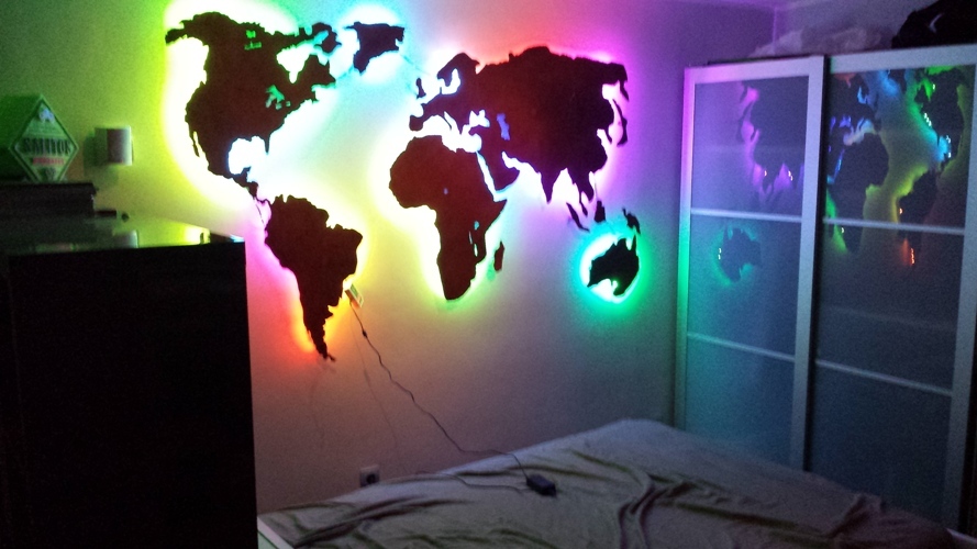 Metallic world map with LED lighting